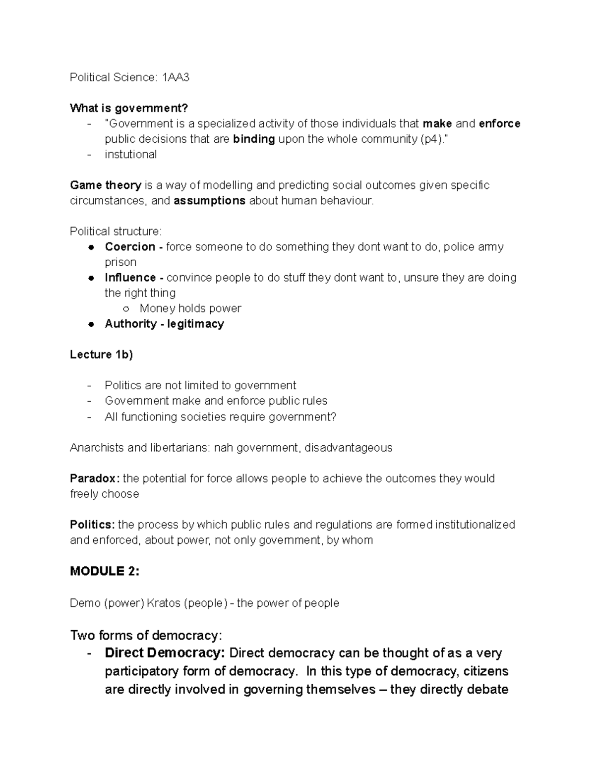 Political Science 1AA3 - Political Science: 1AA What is government?