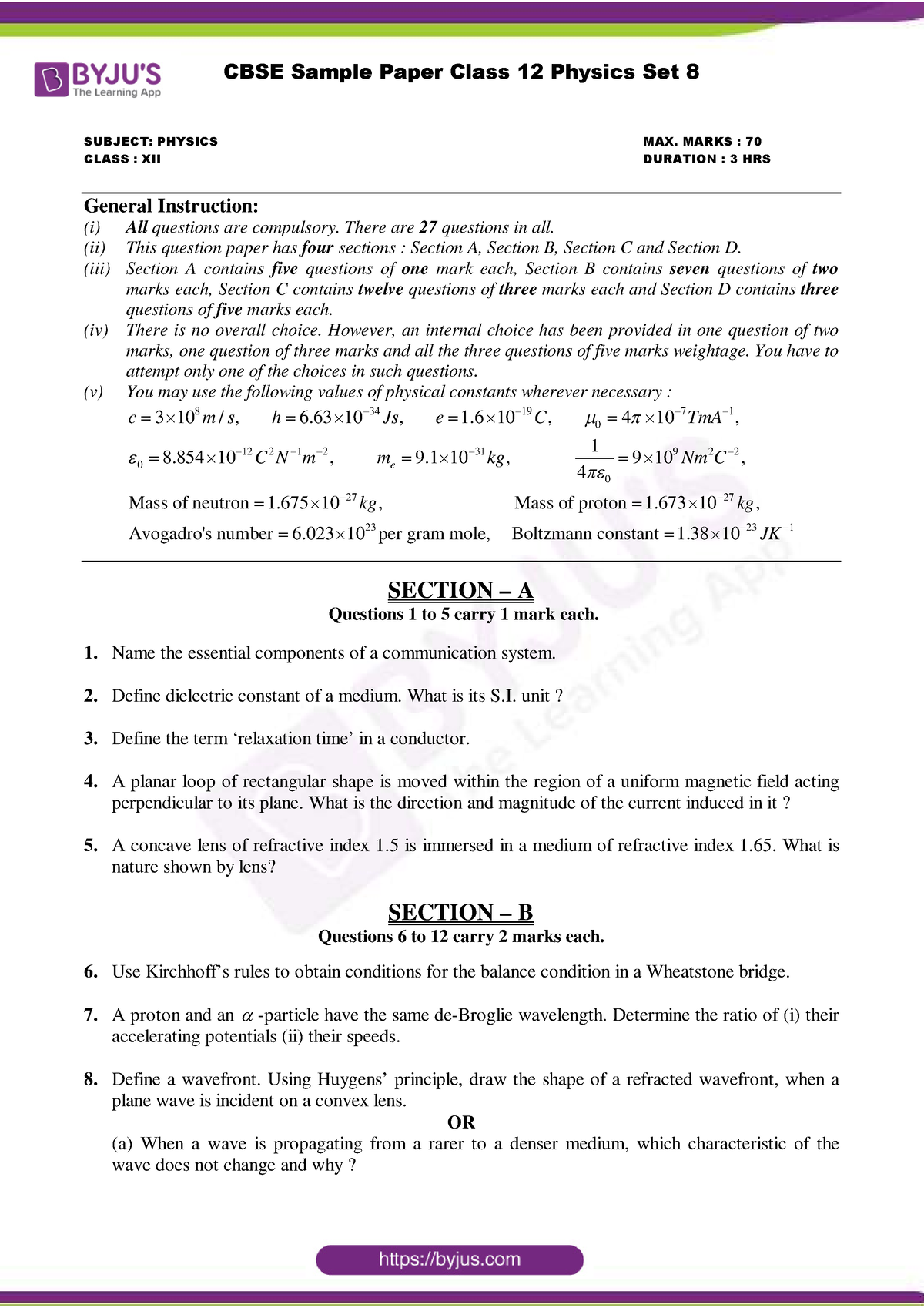 CBSE Class 12 Physics Sample Paper Set 8 - CBSE Sample Paper Class 12 ...