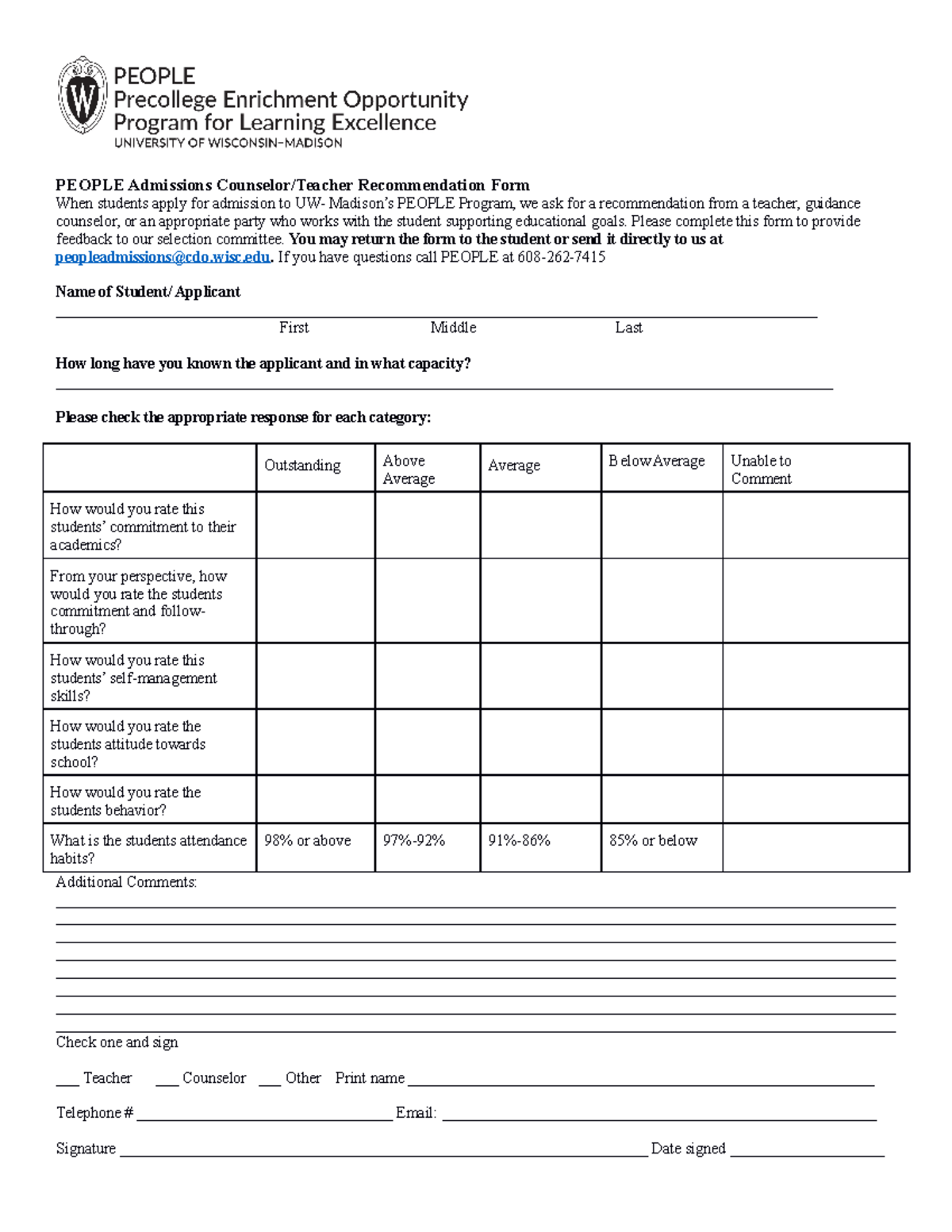 People Teacher Evaluation Recommendation Form - PEOPLE Admissions ...