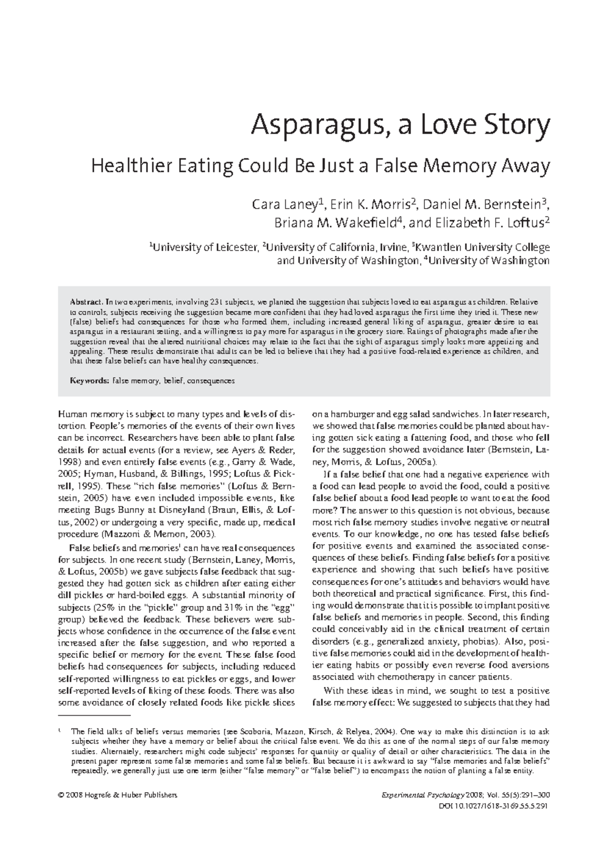 Laney study AS and A level psychology C. Laney et al. Healthier