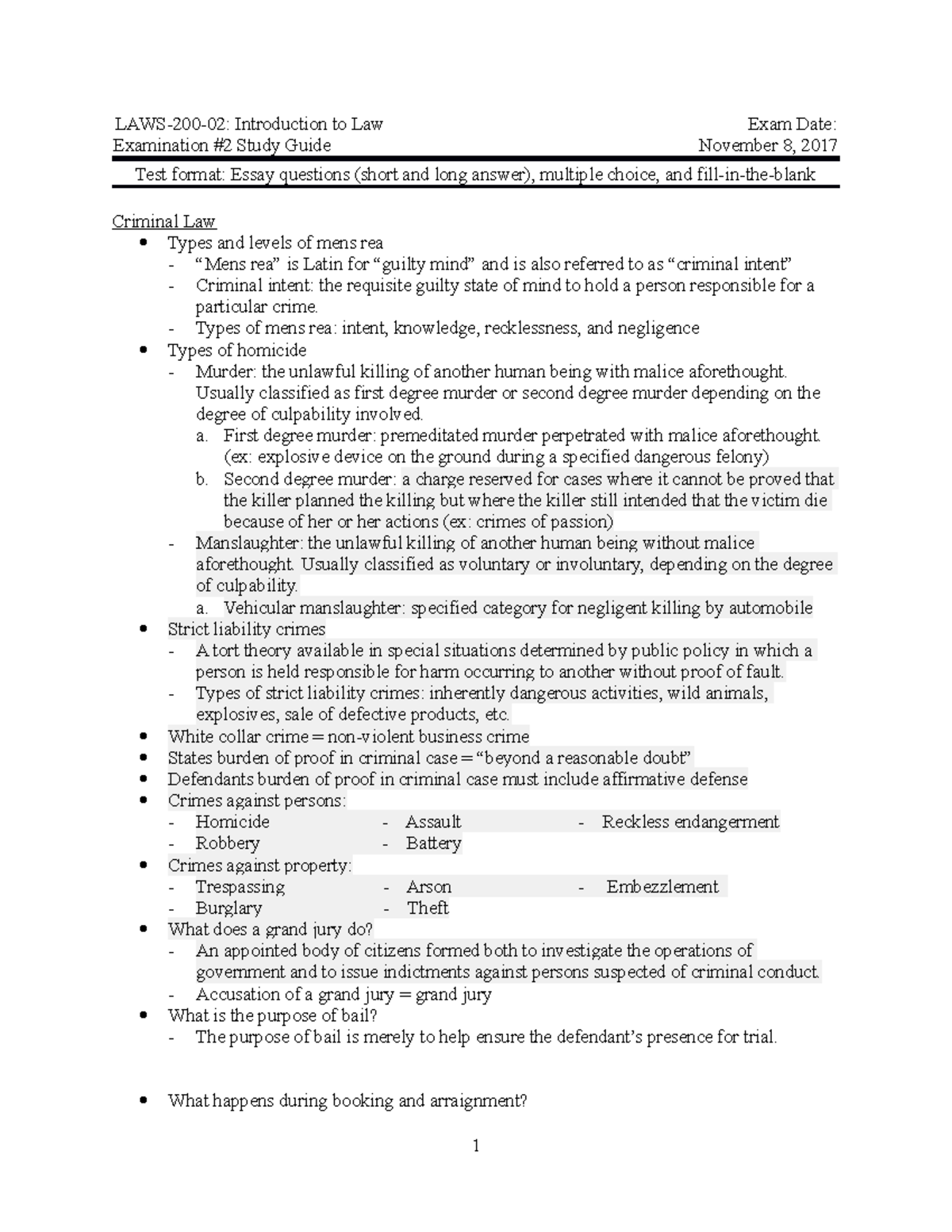 LAWS 200 02 - Exam 2 Study Guide - LAWS-200-02: Introduction to Law ...