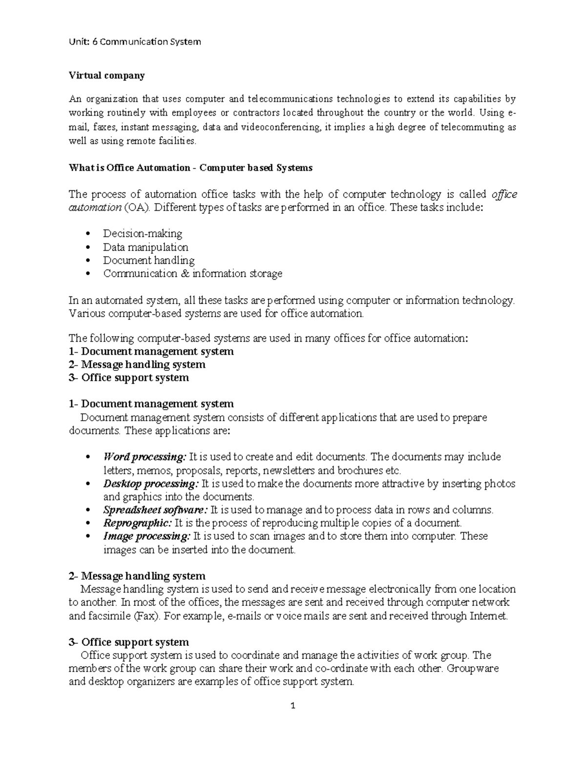 Unit6 Office Automation System - Virtual company An organization that ...