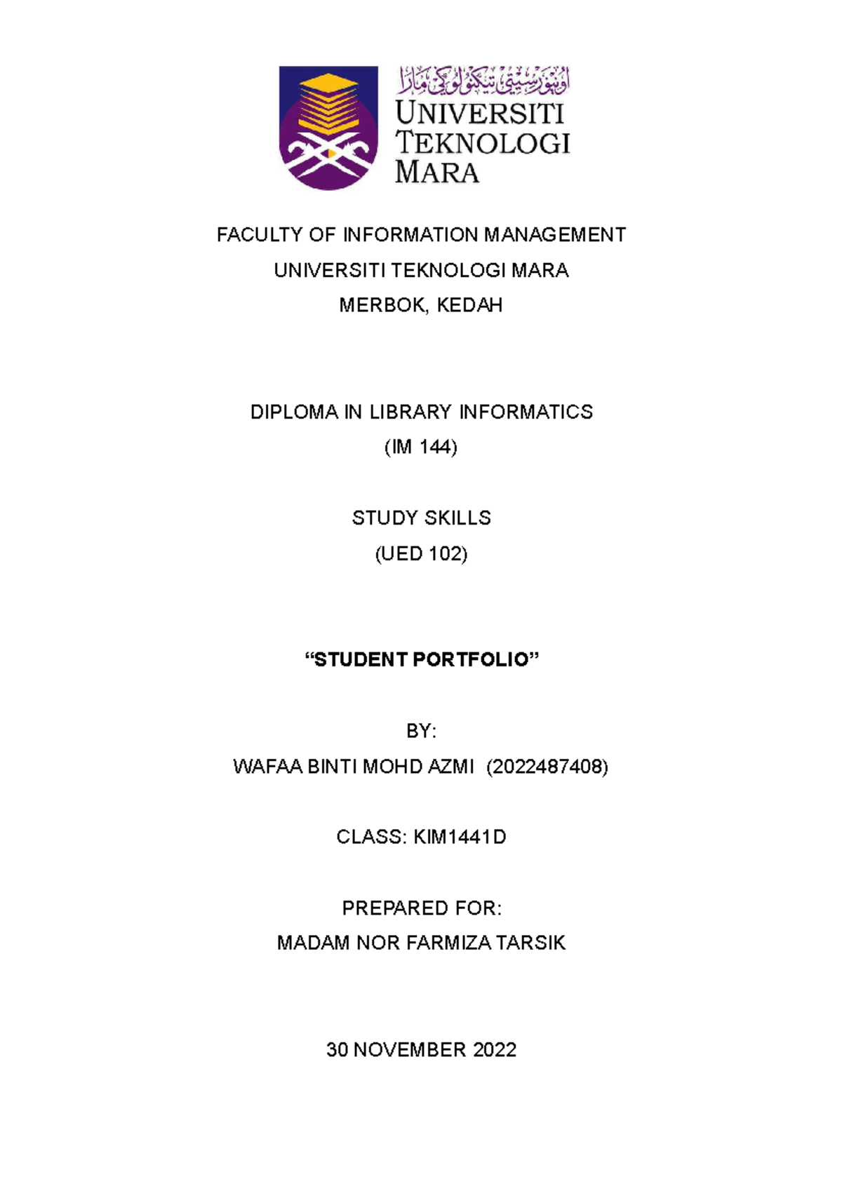 Ued 102 Assignment - Faculty Of Information Management Universiti 