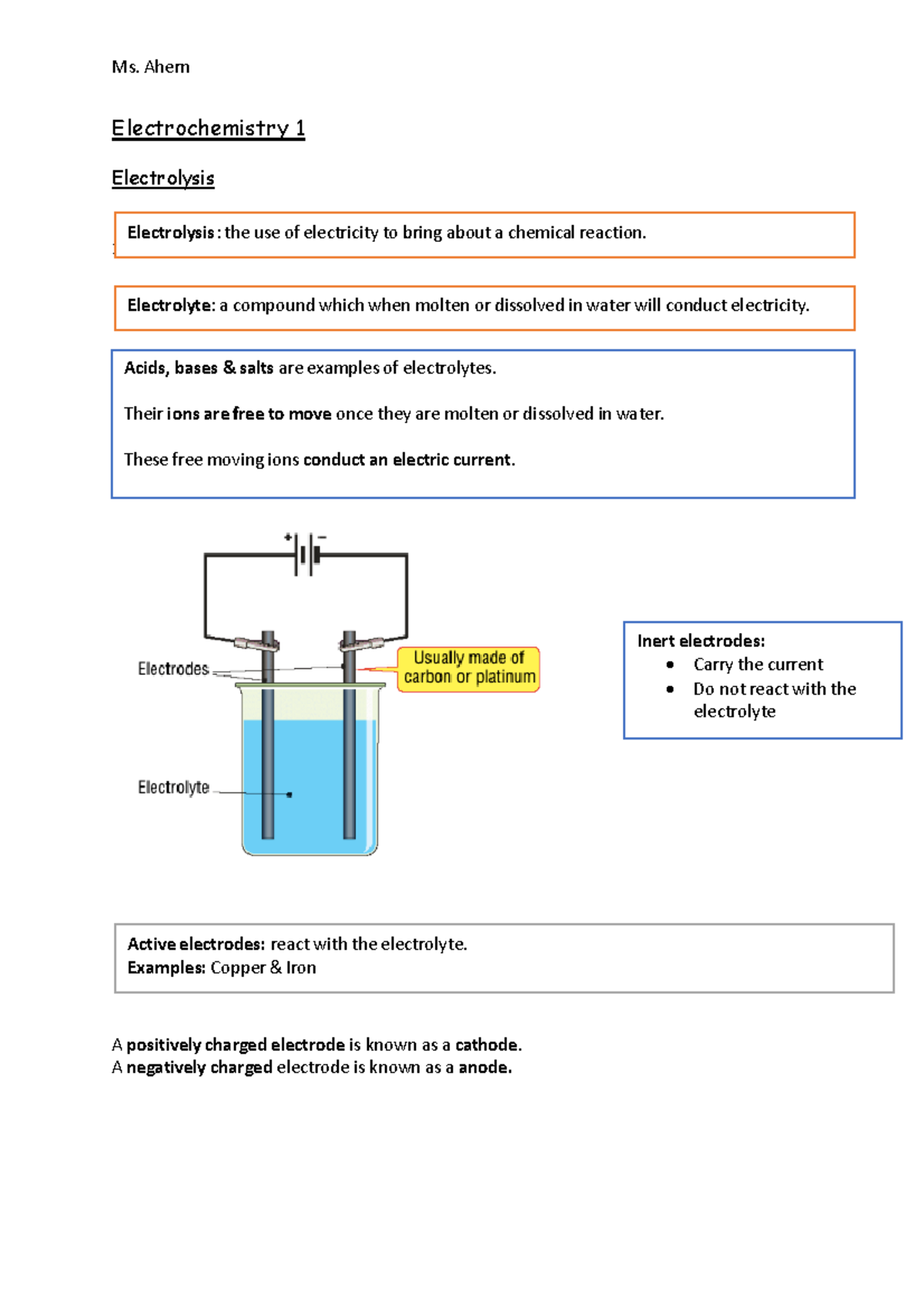 Electrochemistry 1 Notes PDF - Electrochemistry 1 Electrolysis 17170 A ...