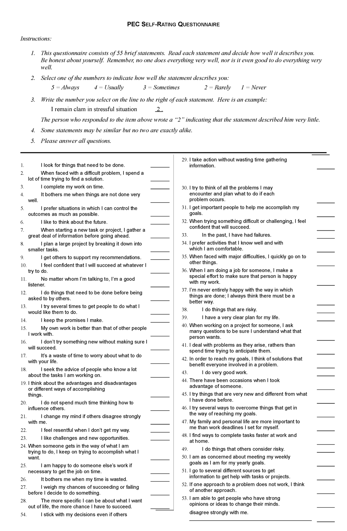 Pec questionnaire and score sheet 1 - PEC SELF-RATING QUESTIONNAIRE ...