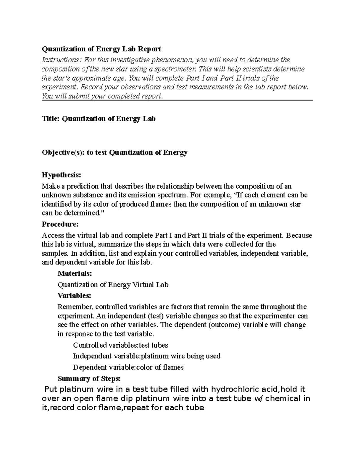 Assignments Chemistry 20212022 Quantization of Energy Lab Report Instructions For this Studocu