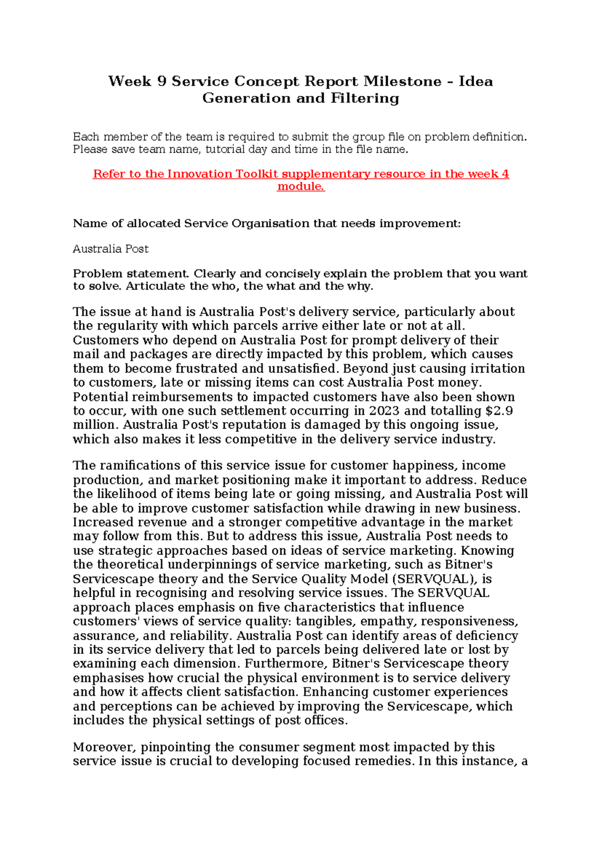 Week 9 Milestone Submission - Week 9 Service Concept Report Milestone ...