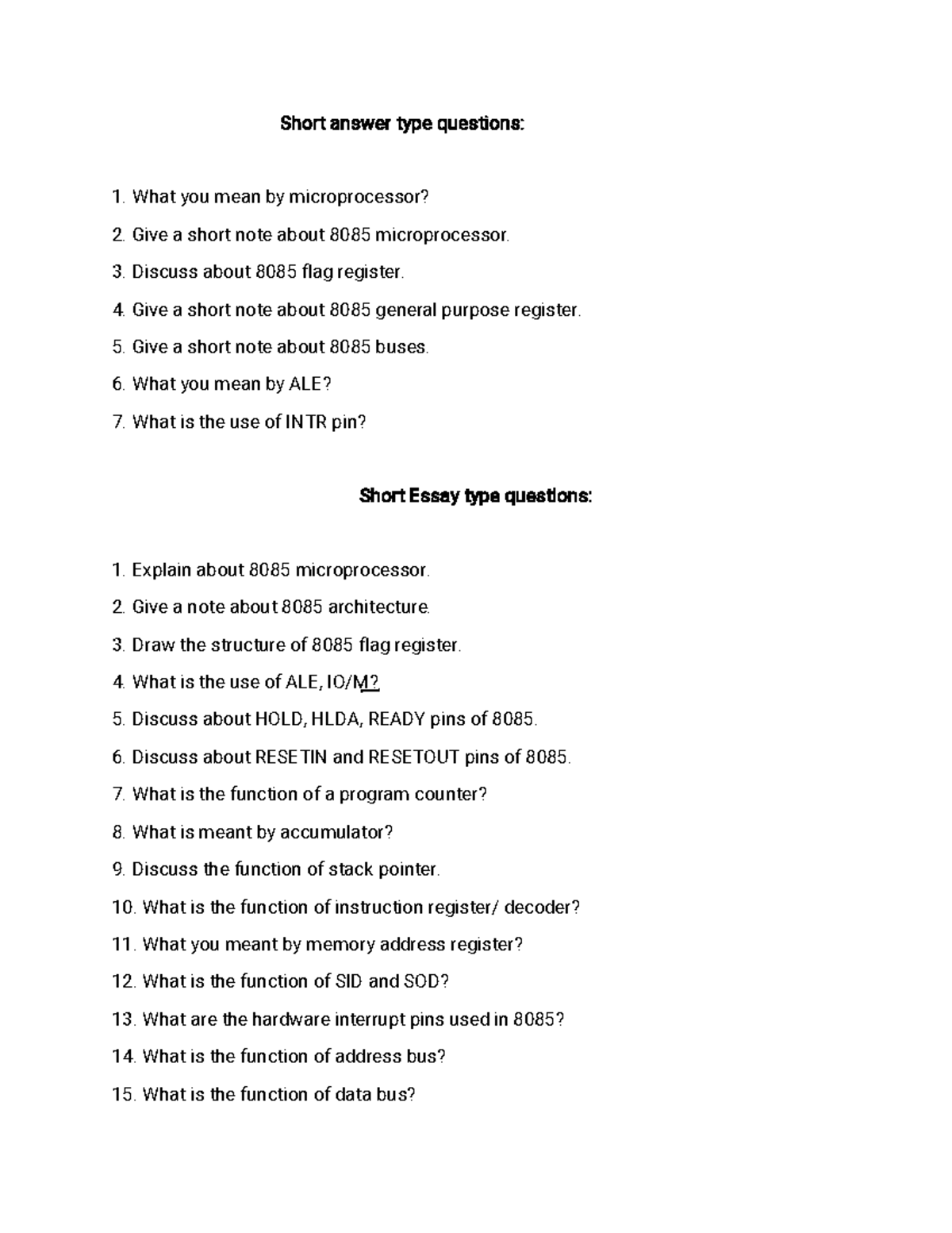 Micro processor 8085 questions - S h o r t a n s w e r t y p e q u e s ...
