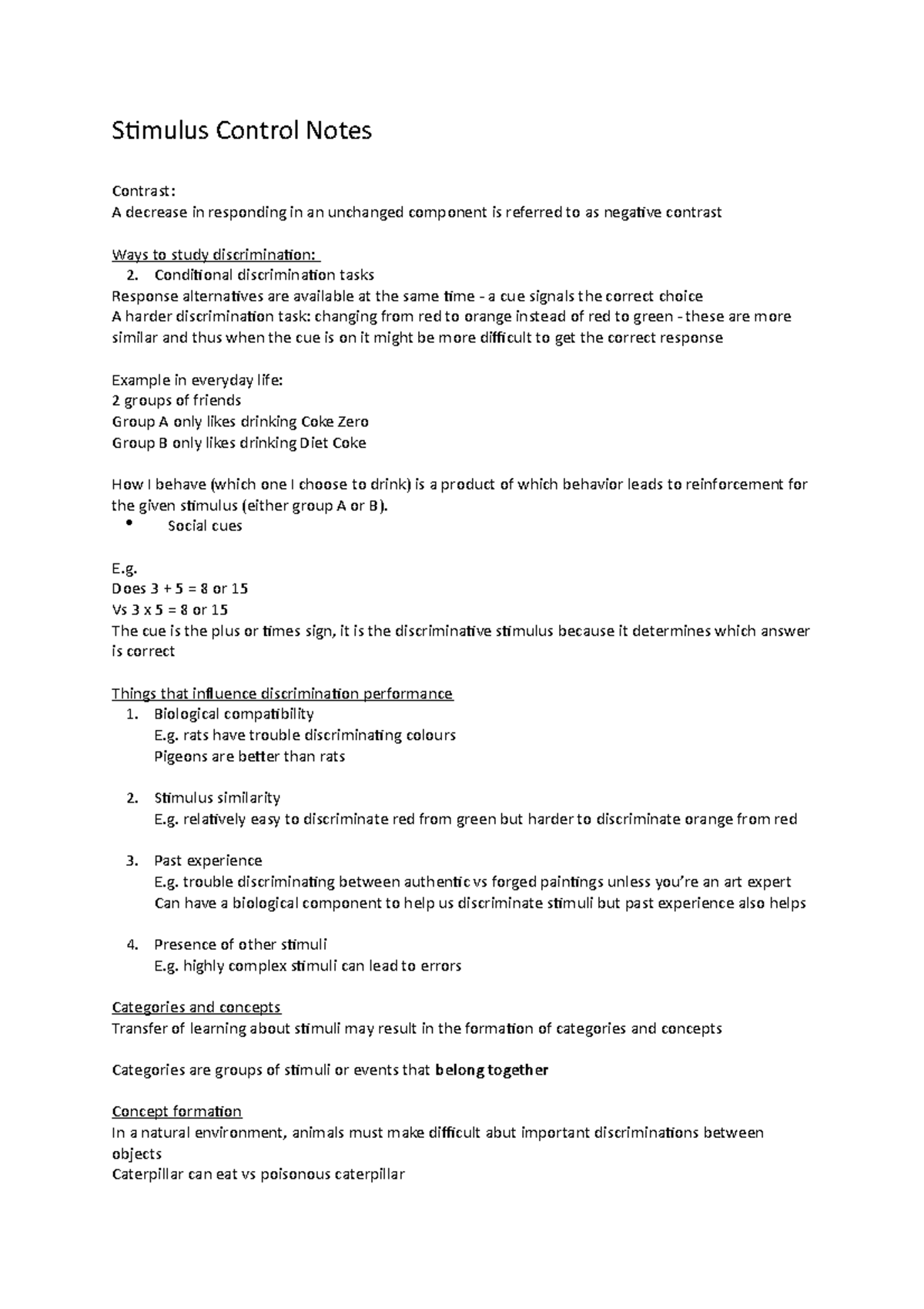 Stimulus Control notes - Stimulus Control Notes Contrast: A decrease in ...