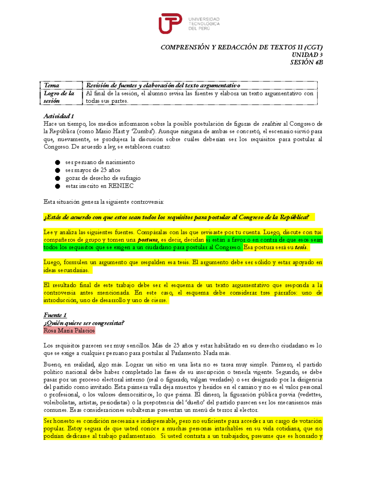 U3 S6B Texto Argumentativo (requisitos Congreso) - COMPRENSIÓN Y ...