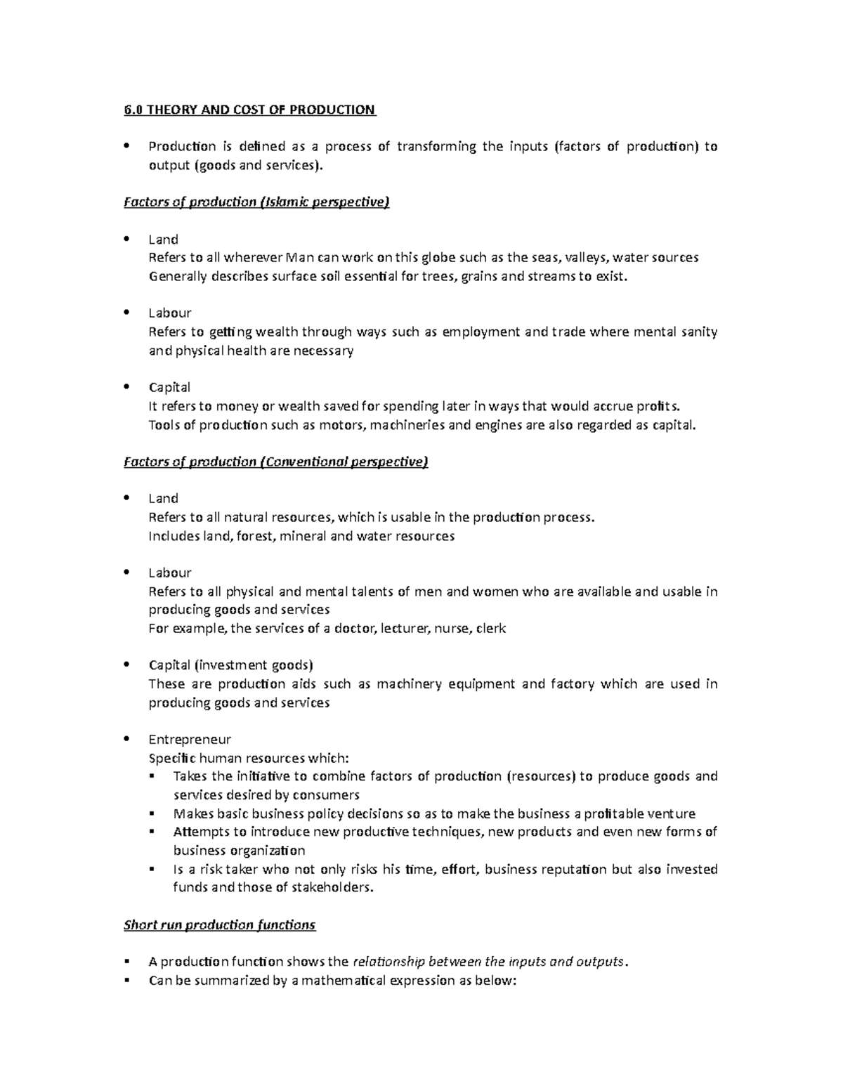 Topic 6 - Production and cost - 6 THEORY AND COST OF PRODUCTION ...
