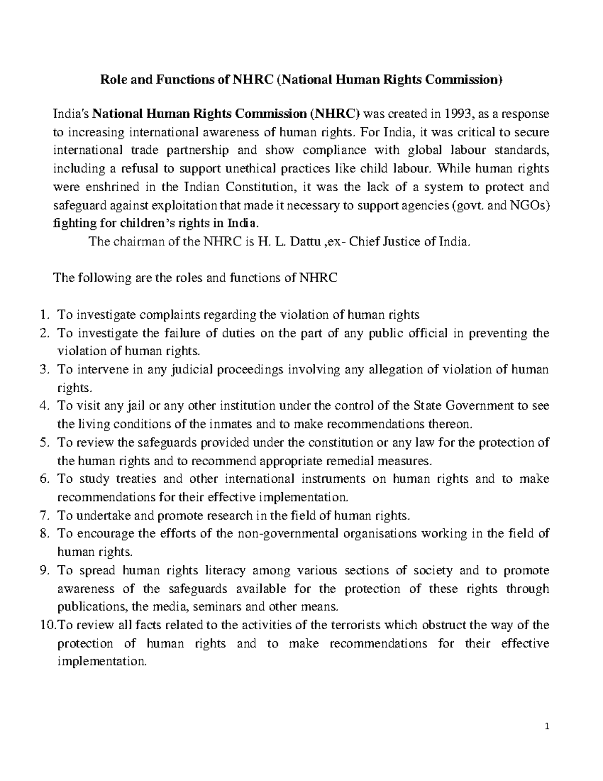 Role and Functions of NHRC National Huma - For India, it was critical ...