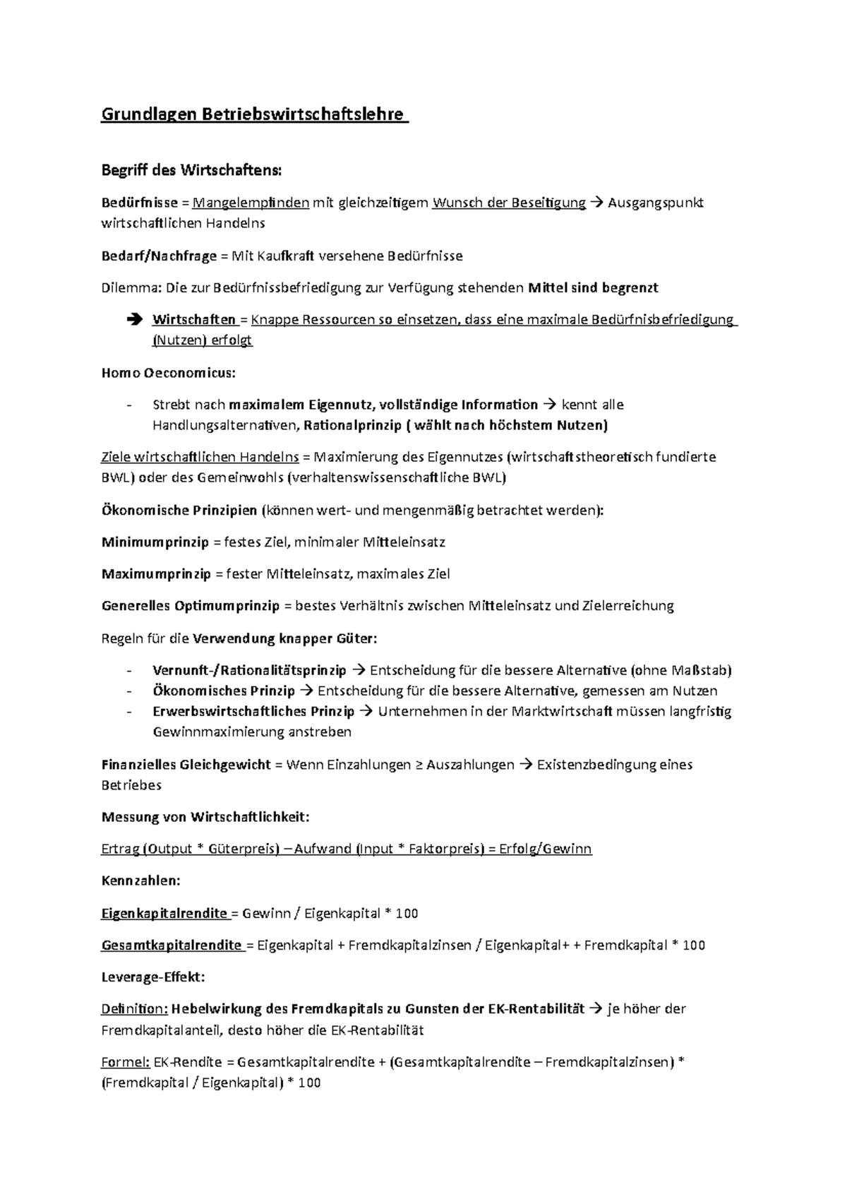 Zusammenfassung Grundlagen Betriebswirtschaftslehre Semester 1 ...