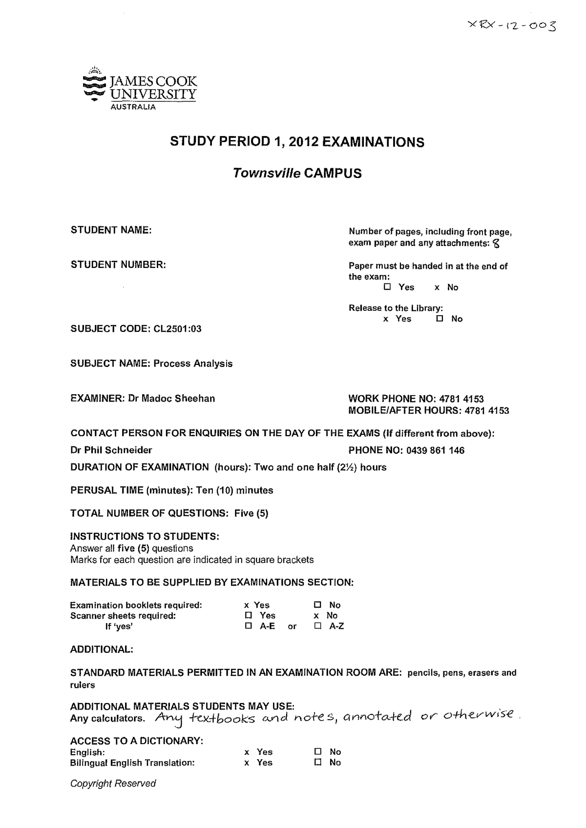 Exam 2012, questions Y1(y 00 JAMES COOK UNIVERSITY AUSTRALIA STUDY