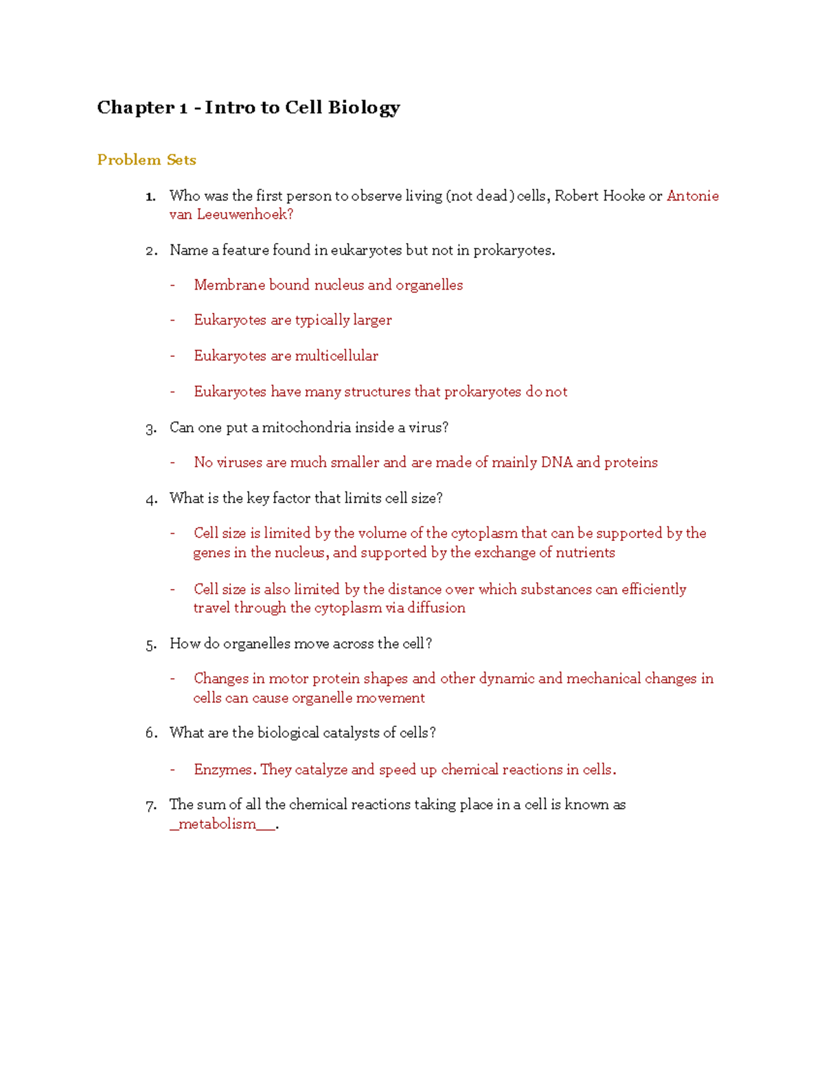 Ch. 1 Problem Set - Chapter 1 - Intro to Cell Biology Problem Sets 1 ...