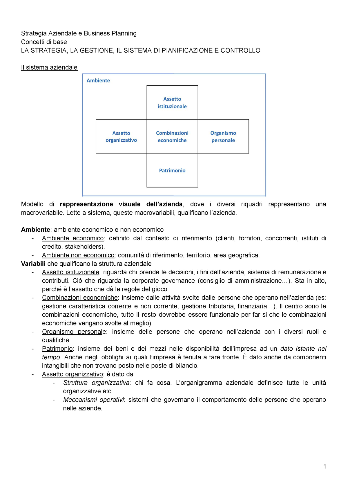 strategia aziendale e business planning unive