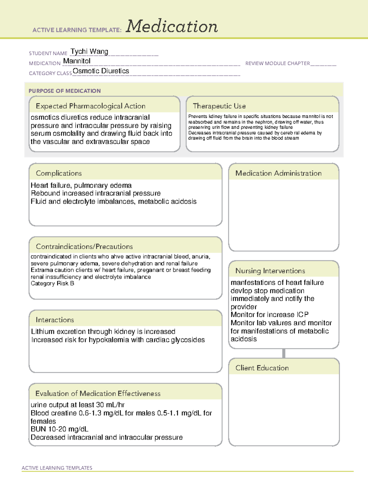 Osmotic Diuretics ati ACTIVE LEARNING TEMPLATES Medication STUDENT