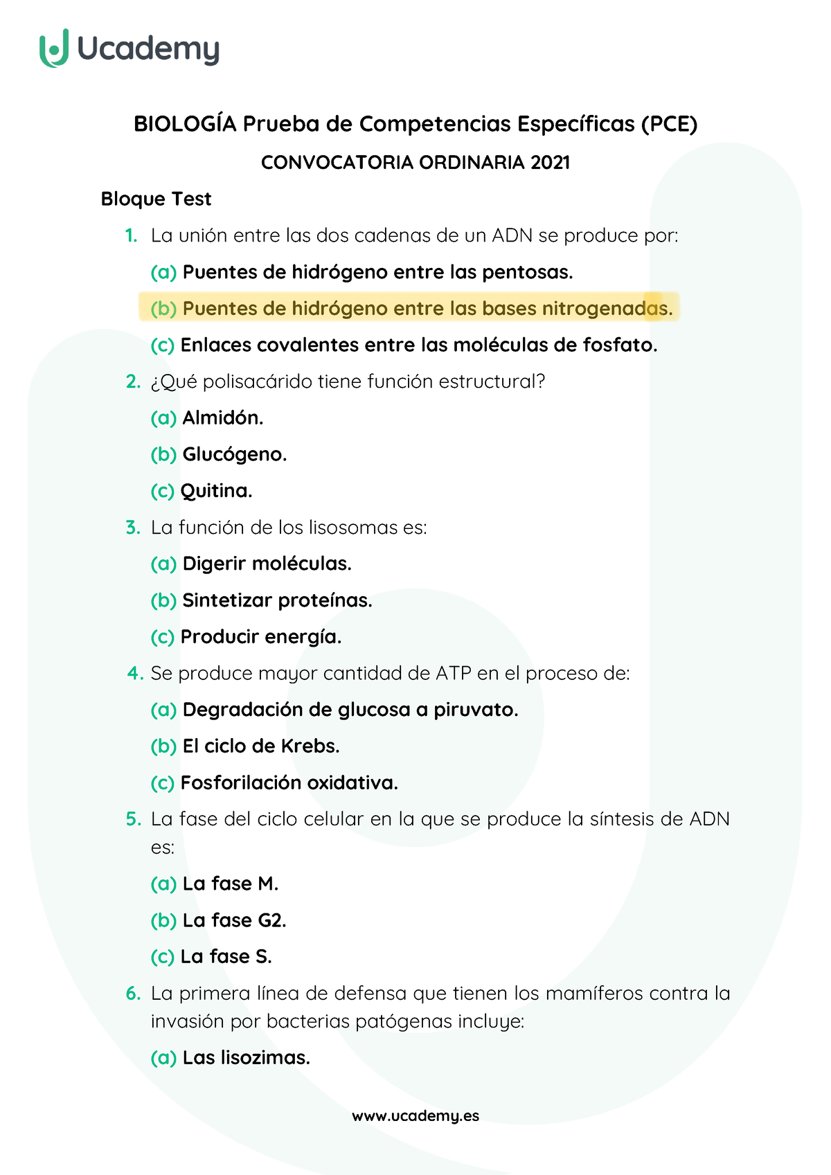 Biologia PCE 2021 Ordinaria Enunciados BIOLOGÍA Prueba de