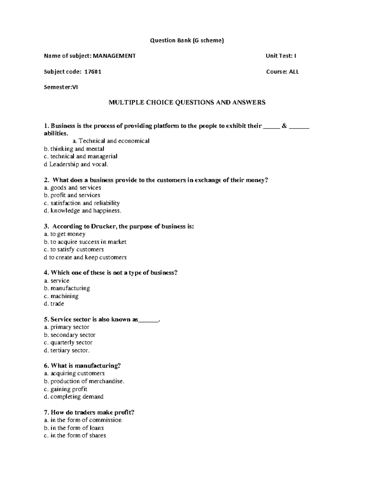 Management - Question Bank (G scheme) Name of subject: MANAGEMENT Unit ...