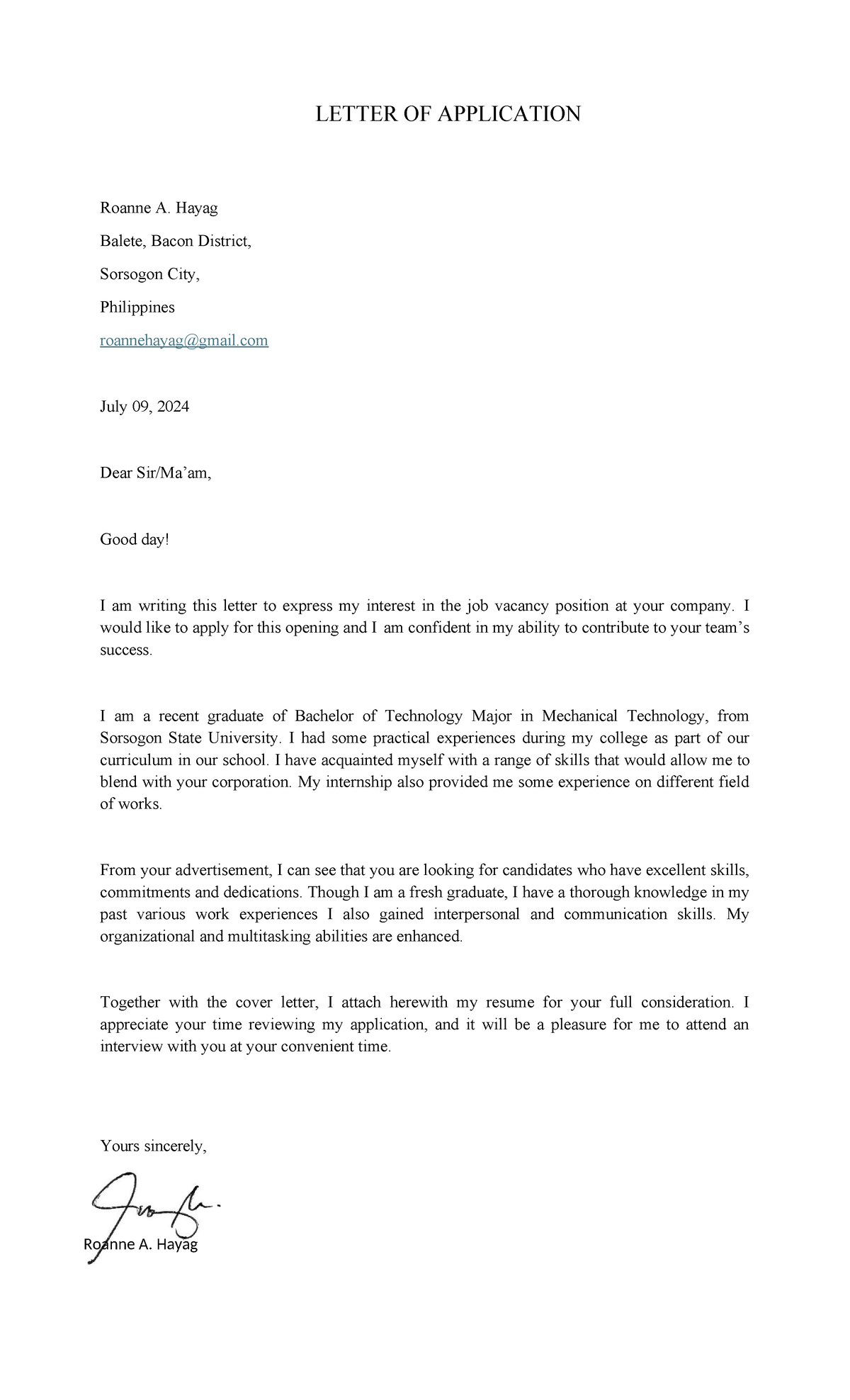 Roannehayag - itnone - Roanne A. Hayag LETTER OF APPLICATION Roanne A ...