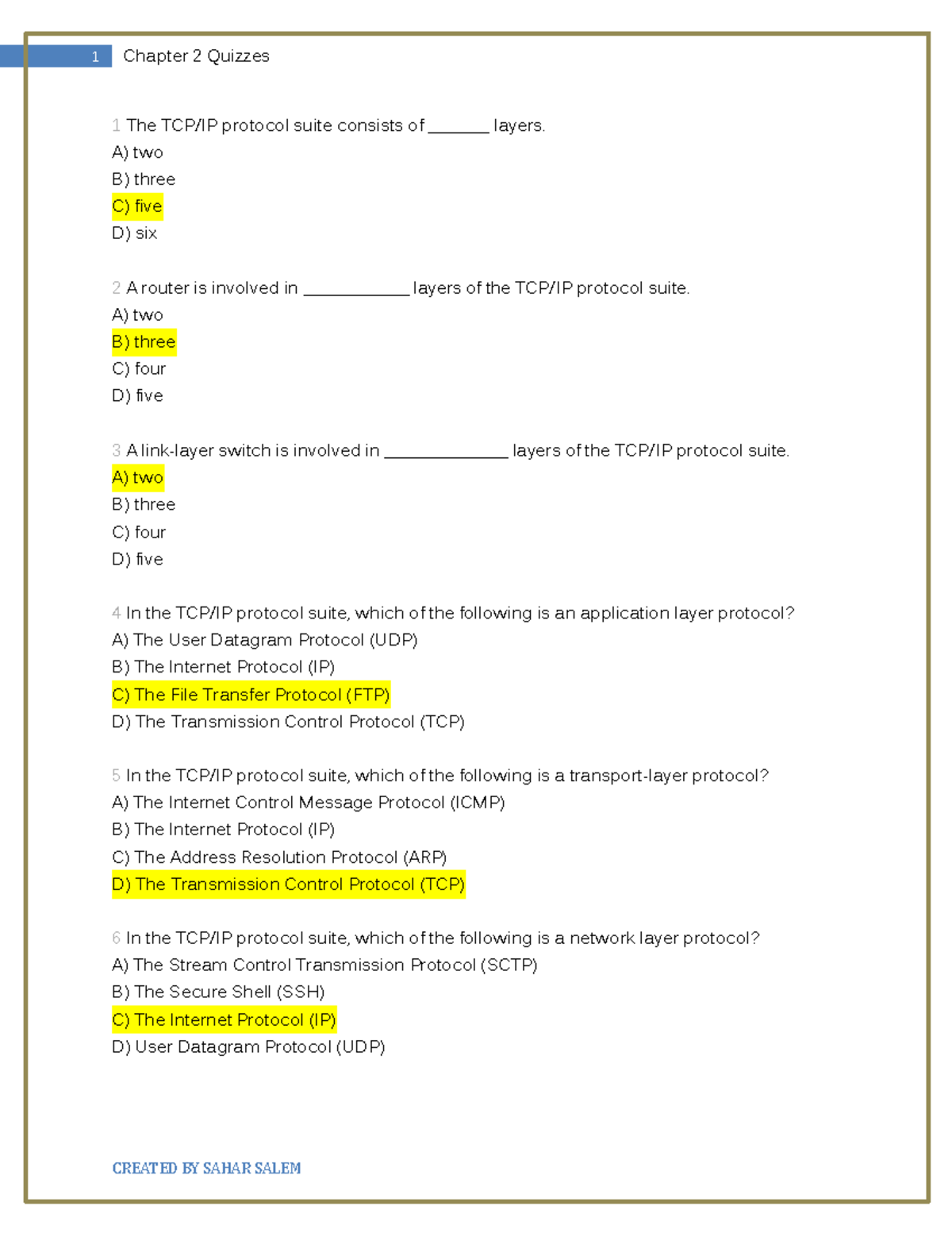 Chapter 02 Quizzes - ϭ Chapter 2 Quizzes 1 The TCP/IP protocol suite ...