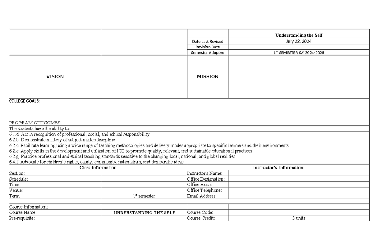 Syllabus understanding the self - Understanding the Self Date Last ...