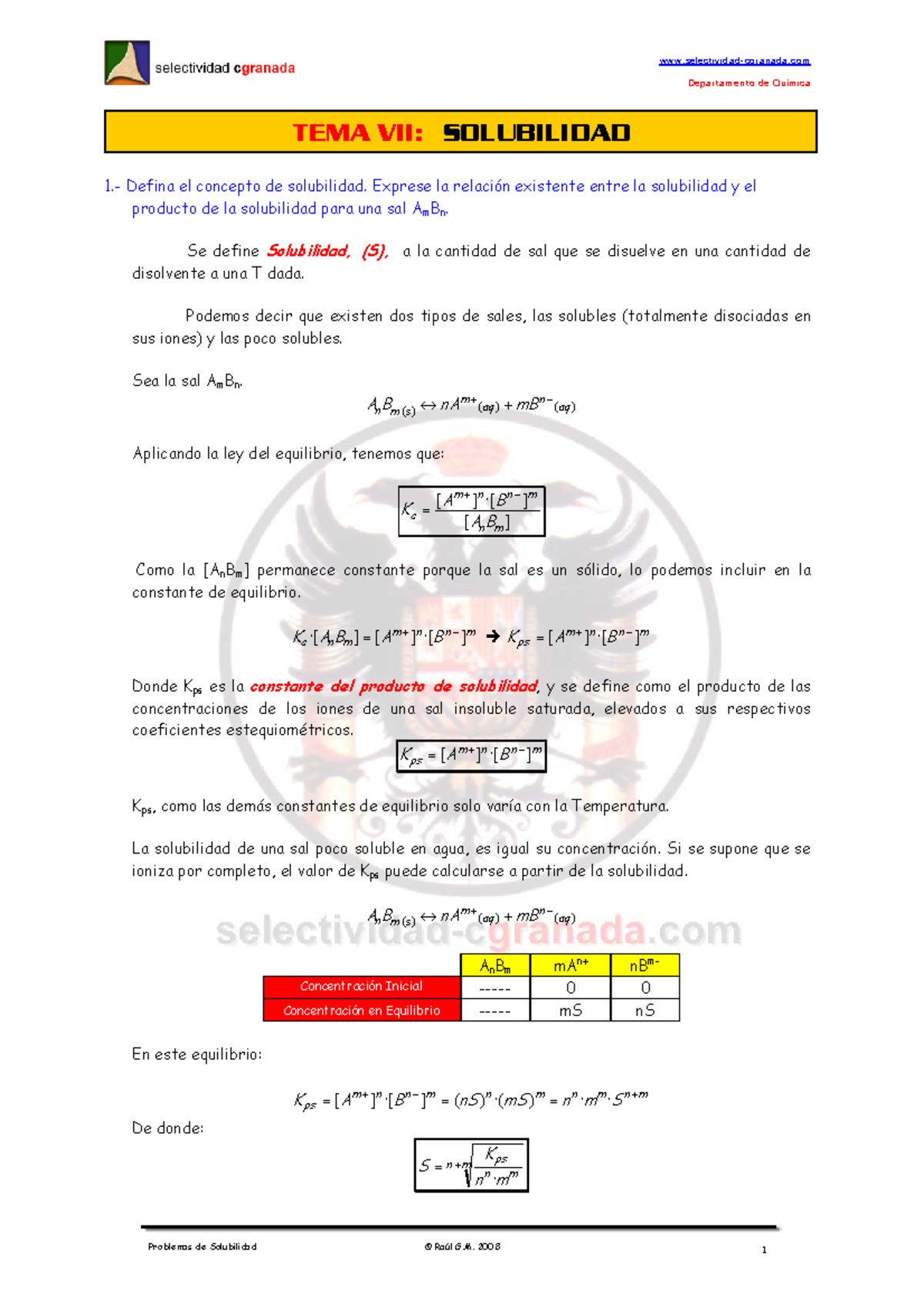 Química. Tema 7 - Solubilidad - Depar T Am Ent O De Quím Ica 1.- Defina ...
