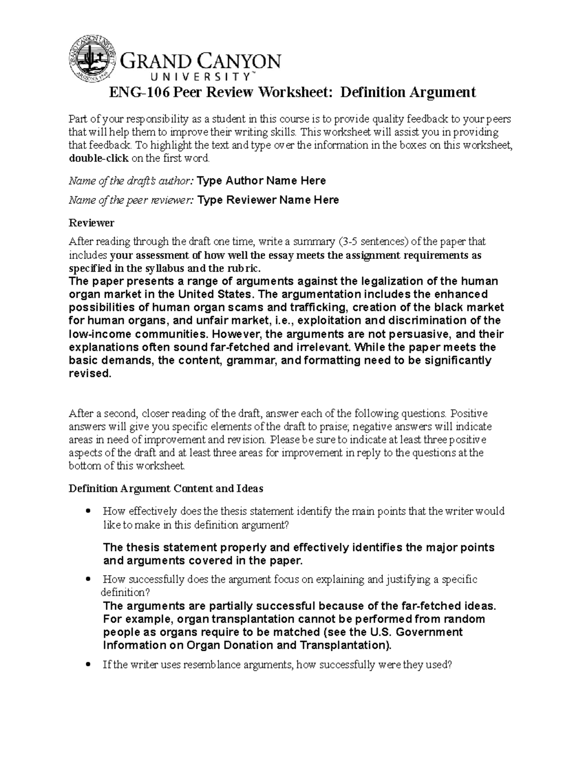 PEER REVIEW REPORT ENG 106 Peer Review Worksheet Definition Argument