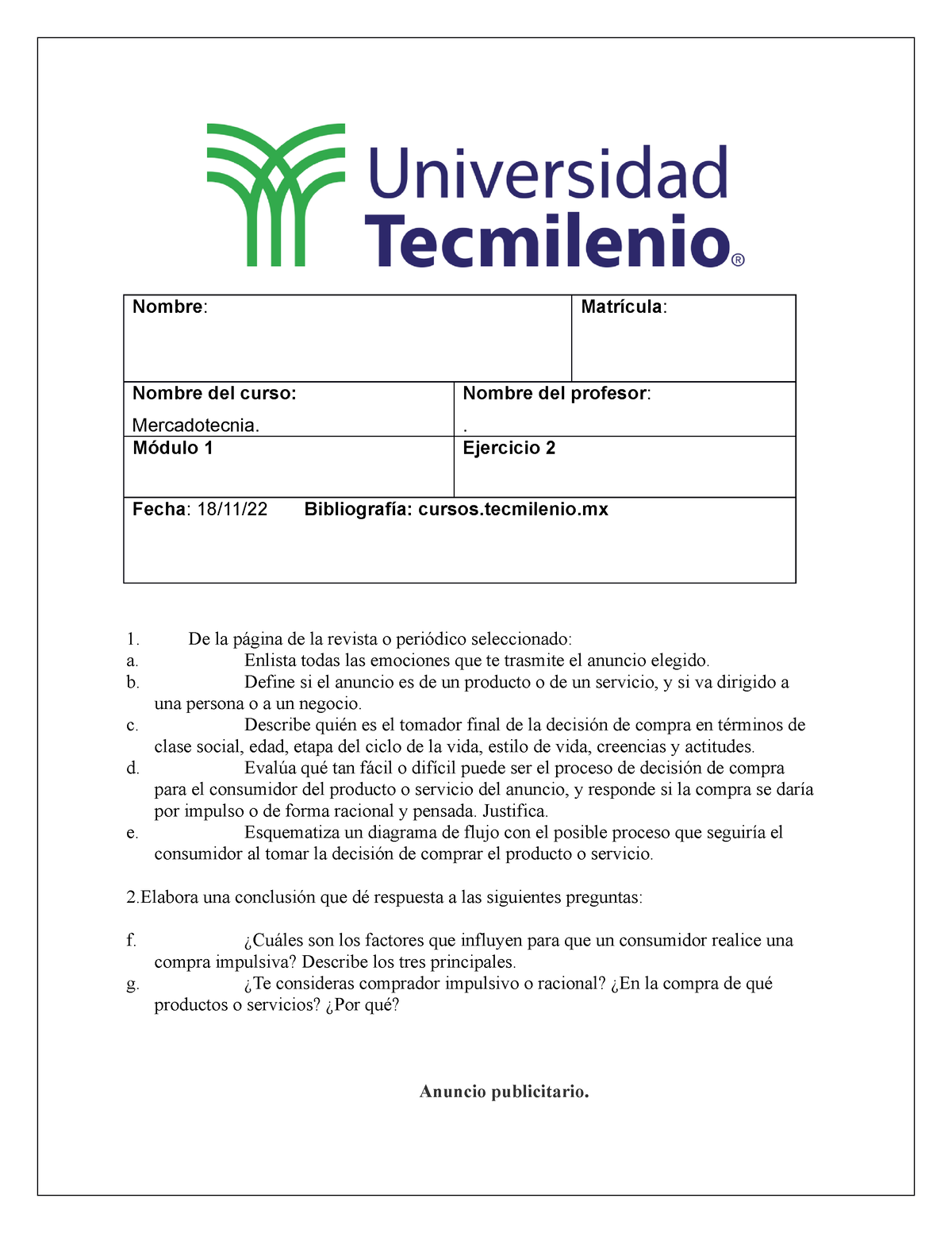 Ejercicio 2 Mercadotecnia Nombre Matrícula Nombre Del Curso Mercadotecnia Nombre Del 2299