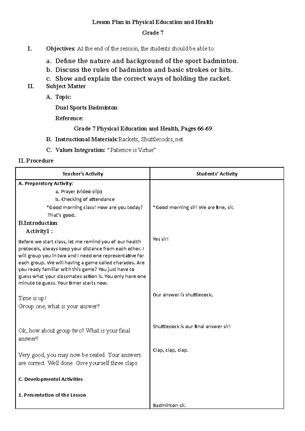 Detailed demo Badminton - Lesson Plan in Physical Education and Health ...