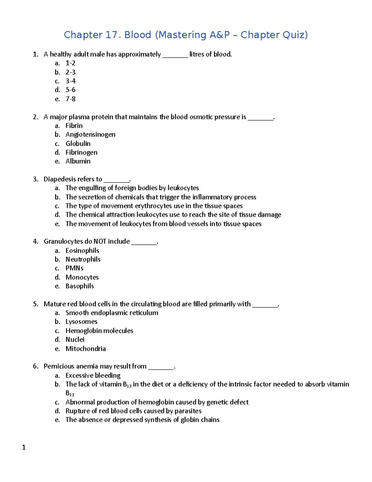 Chapter 17. Chapter Quiz (Pearson) - Chapter 17. Blood (Mastering A&P ...