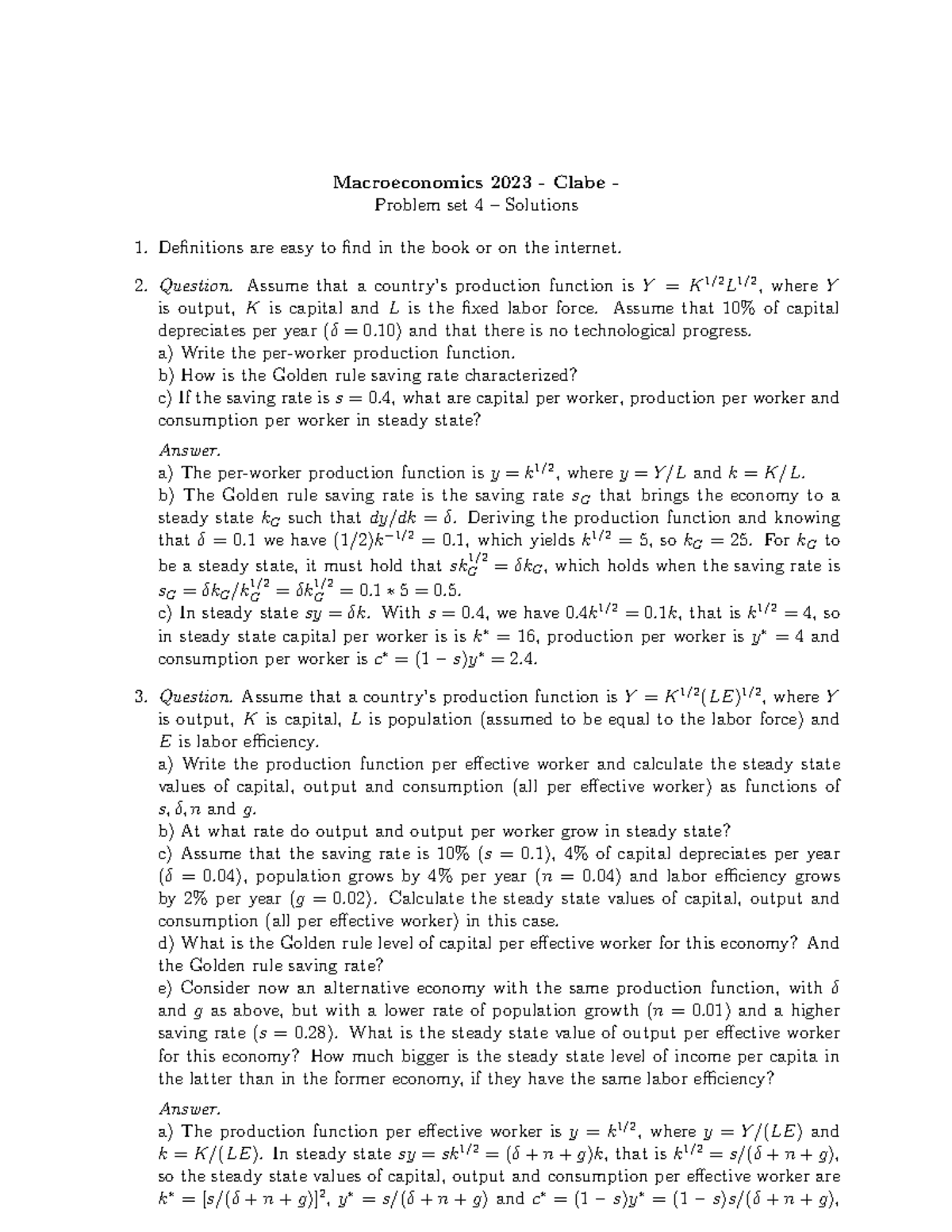 Problem set 4 solution - Macroeconomics 2023 - Clabe - Problem set 4 ...