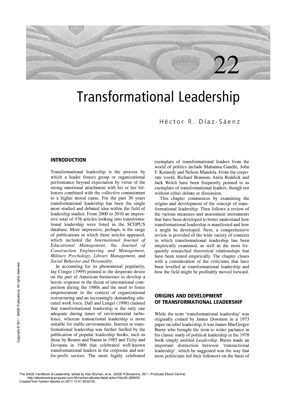 Motherland Evaluering Prøv det The SAGE Handbook of Leadership - (22 - 22 Transformational Leadership H é  c t o r R. D í a z - S á - Studocu