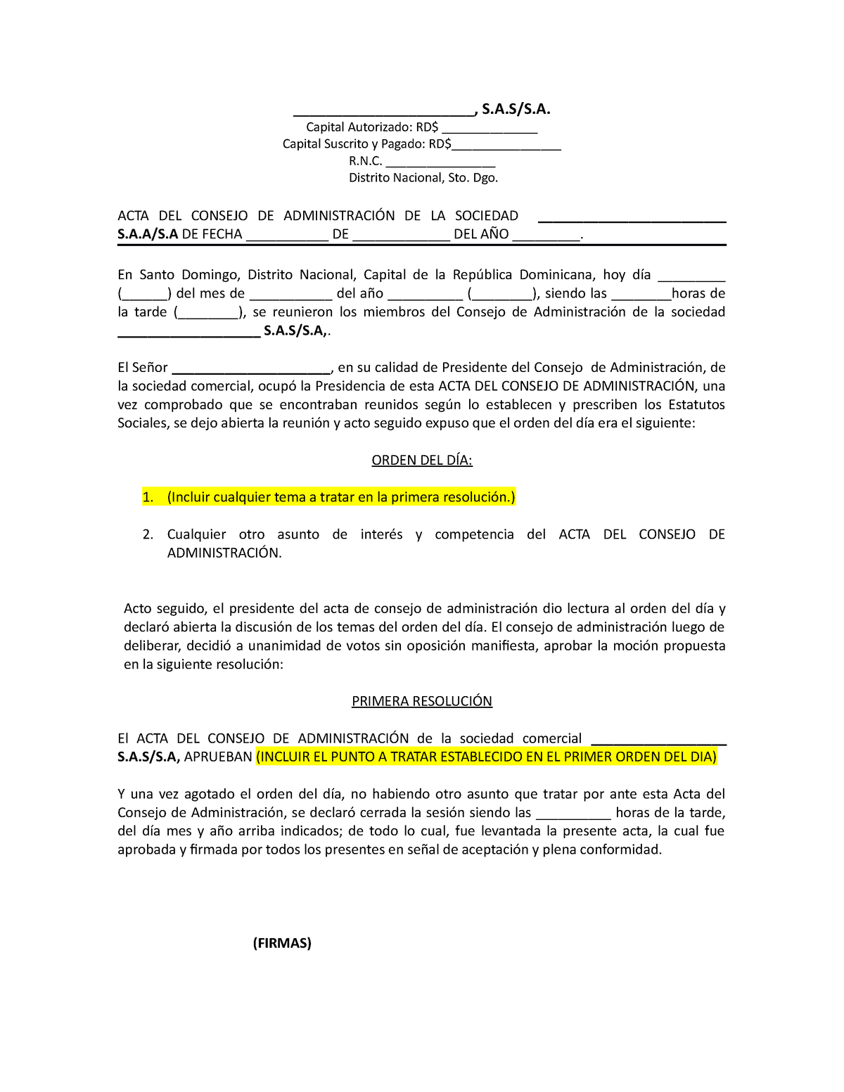 Acta De Consejo De Administración S A S S