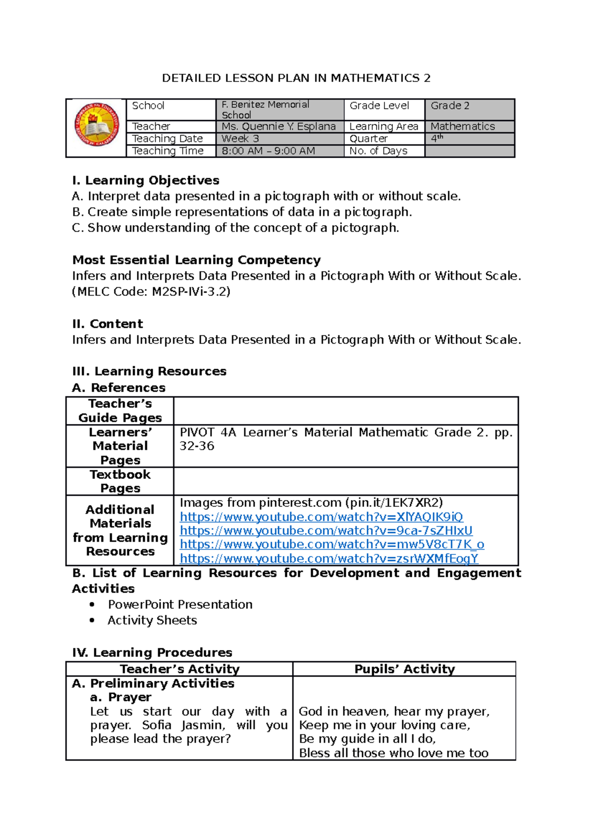 Lesson PLAN - Patterns - DETAILED LESSON PLAN IN MATHEMATICS 2 School F ...