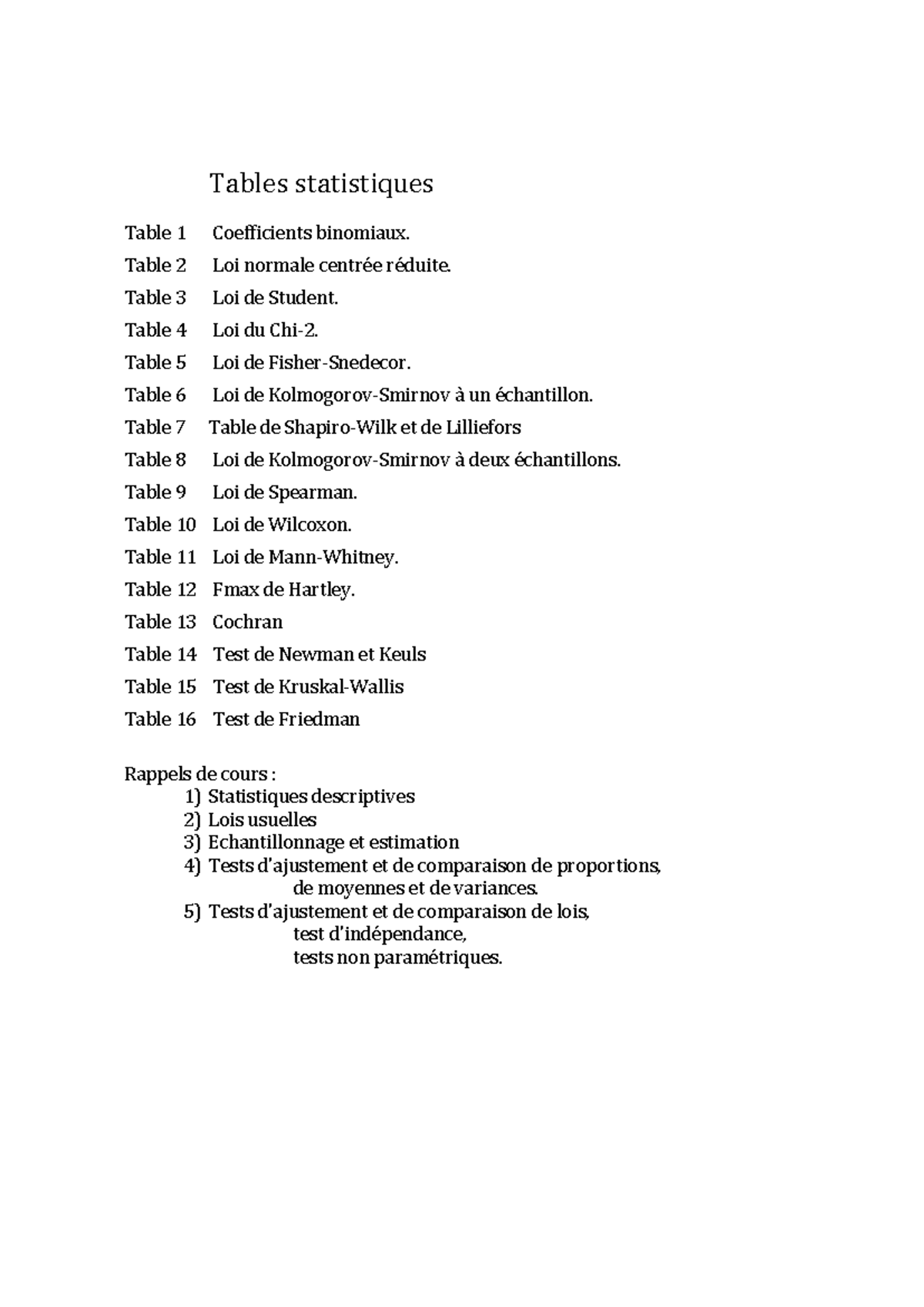 Tables Resumes STAT - Tables statistiques Table 1 Coefficients ...