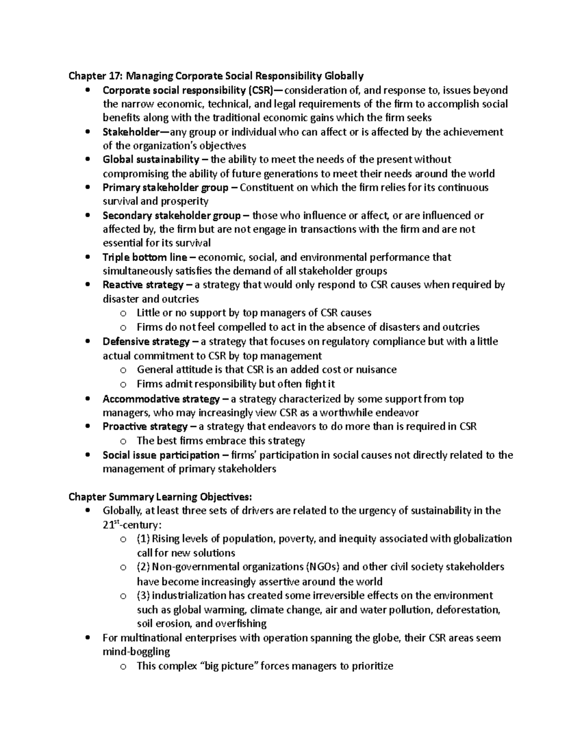 Chapter 17 - Managing Corporate Social Responsibility Globally - Studocu