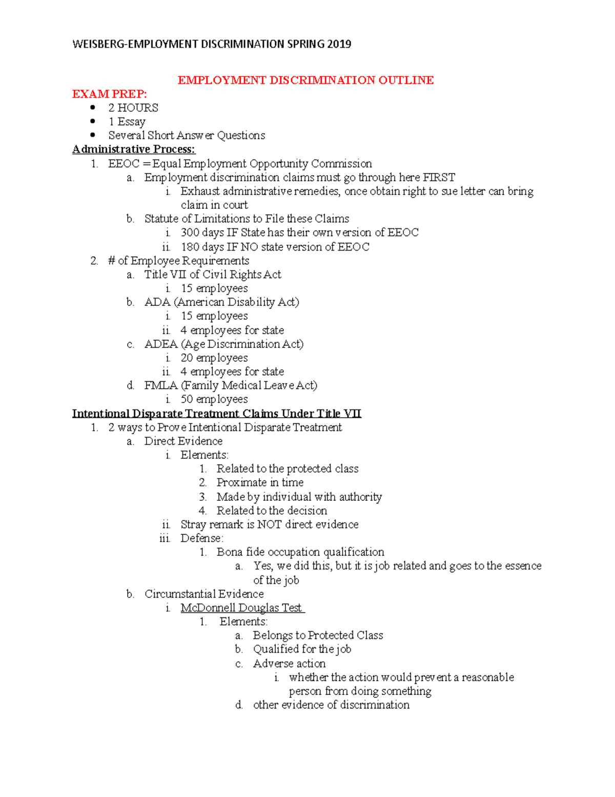Weisberg Employment Discrimination Spring 2019 Outline - WEISBERG ...
