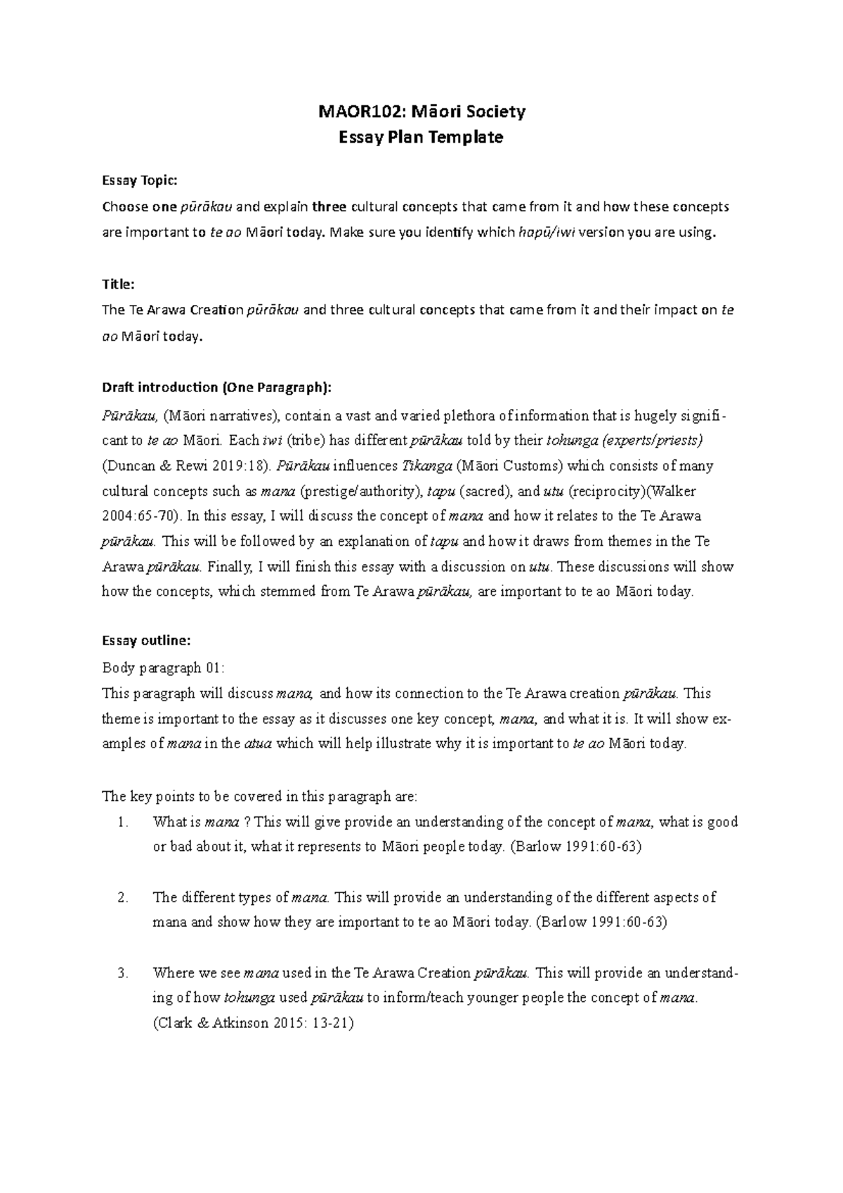 Essay plan 1 - MAOR102: M ori Society Essay Plan Template Essay Topic ...