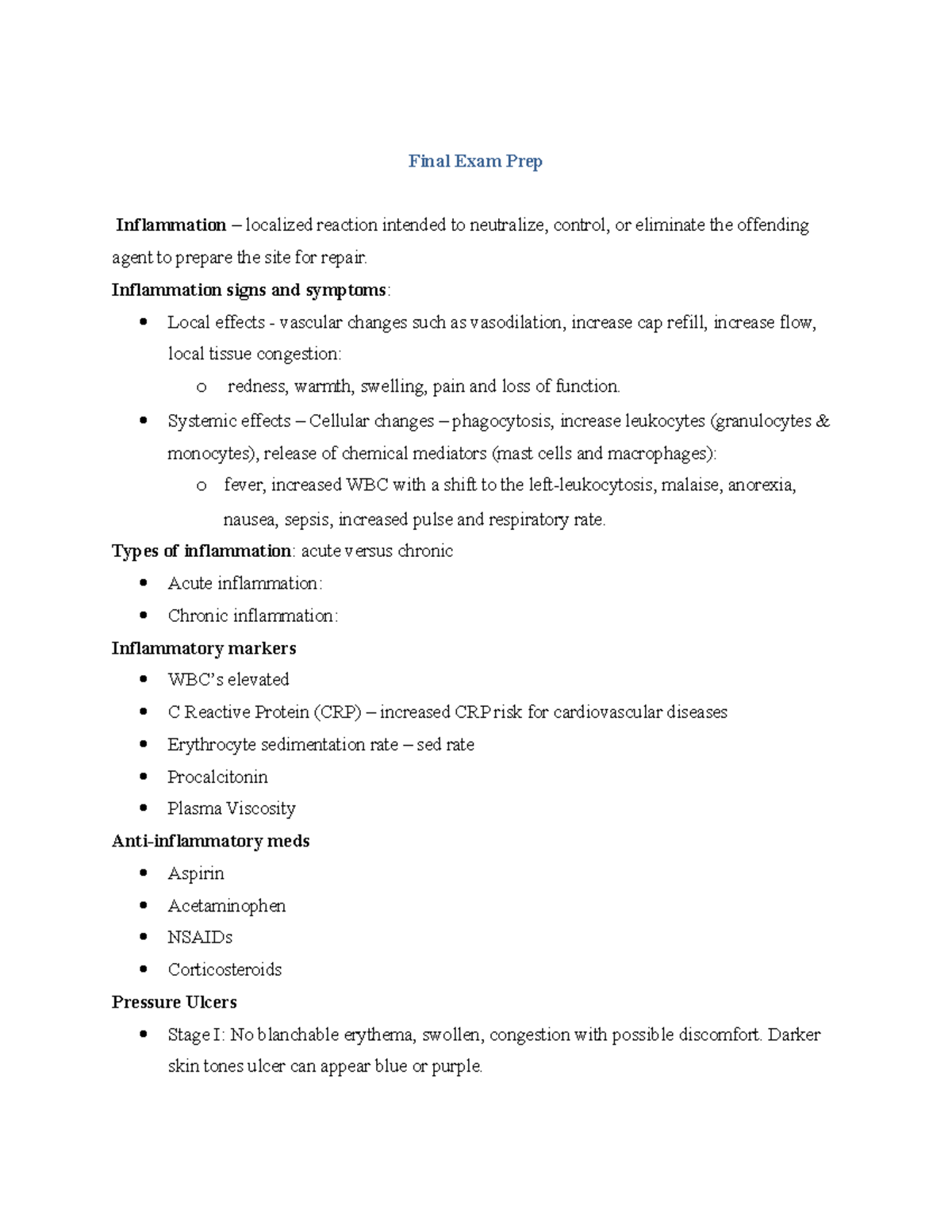 Final Exam Prep - Final Exam Prep Inflammation – localized reaction ...