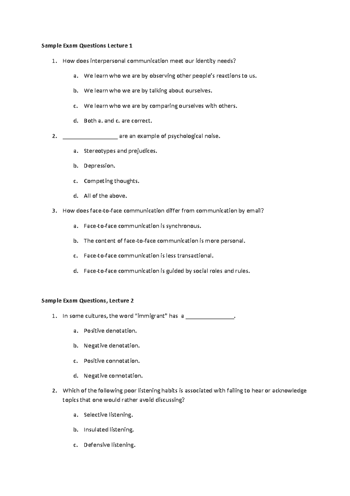 Communication Practice Questions exam Lecture 17 Sample Exam