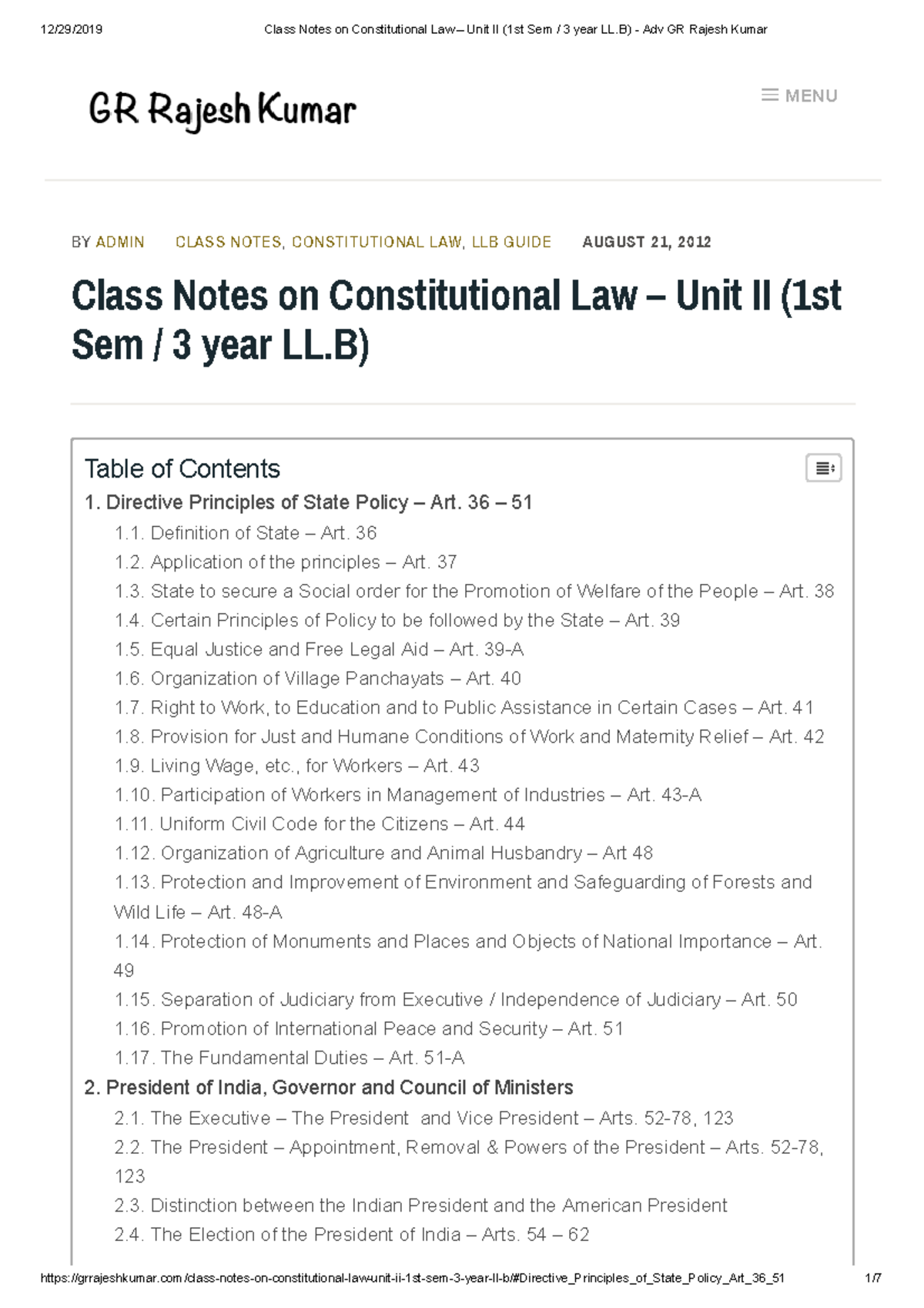 Class Notes on Constitutional Law Unit II (1st Sem 3 year LL.B) Adv