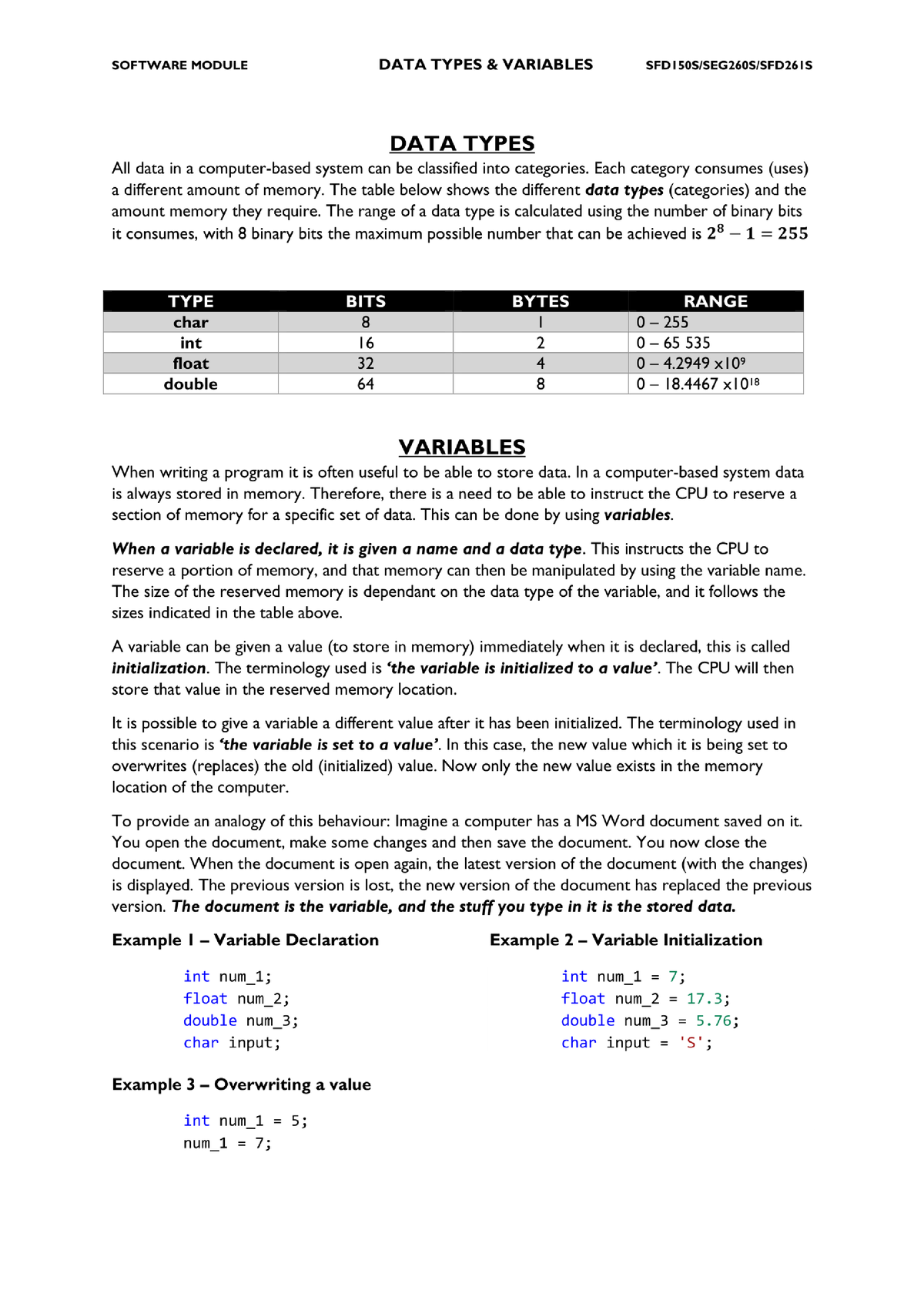 3) Data Types And Variables - EEE150S - Studocu