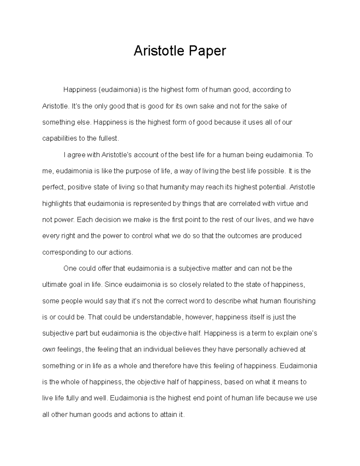 Aristotle Paper- Aaliyah Bomar-Price-2 - Aristotle Paper Happiness ...