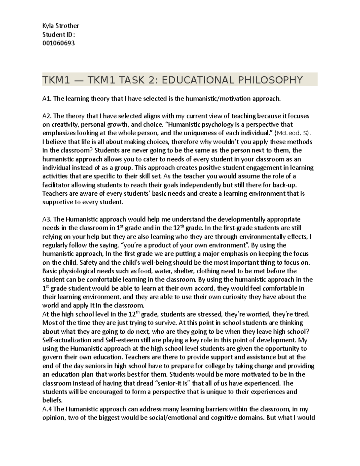 D166/167 TKM1 TASK 2 Educational Philosophy D166/167 WGU Studocu