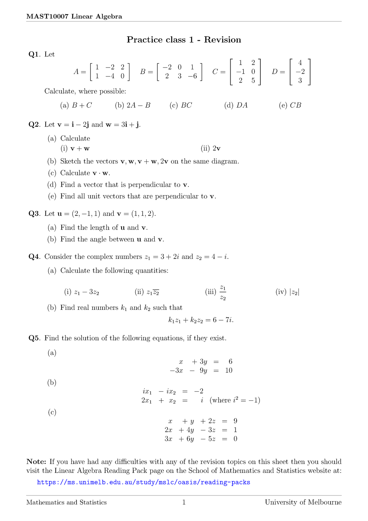 Tutorial 1 2021 Semester 2 Practice Questions - MAST10007 Linear ...