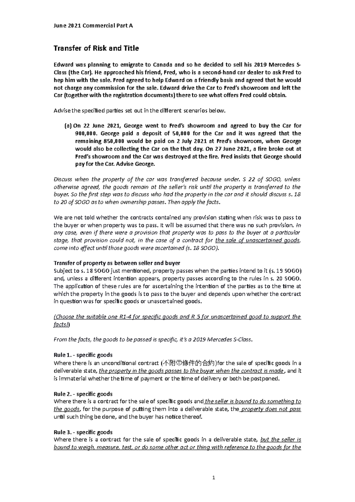 Transfer of Risk and Ownership - Transfer of Risk and Title Edward was ...