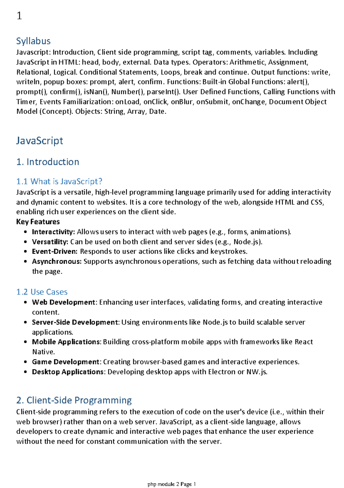 Php module 2 - Syllabus Javascript: Introduction, Client side ...