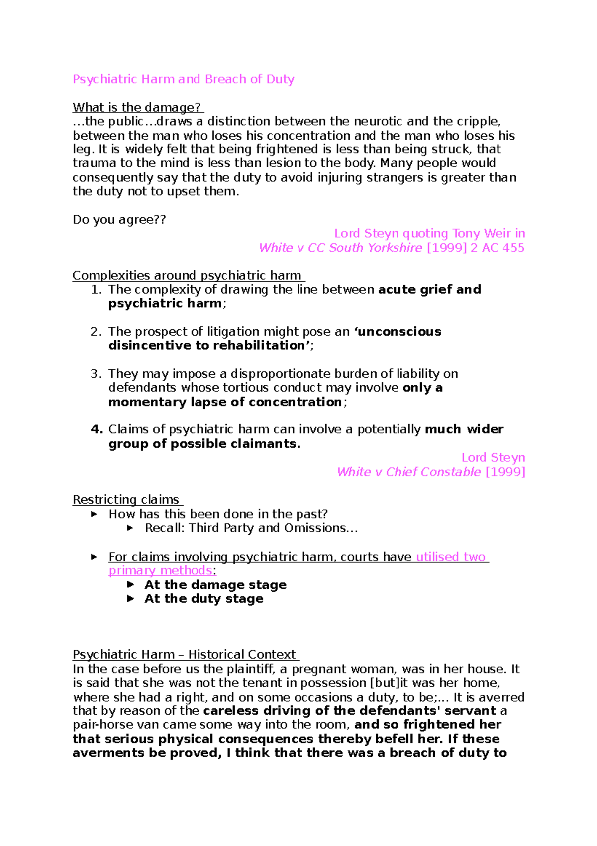 Psychiatric Harm and Breach of Duty - . public.. a distinction between ...