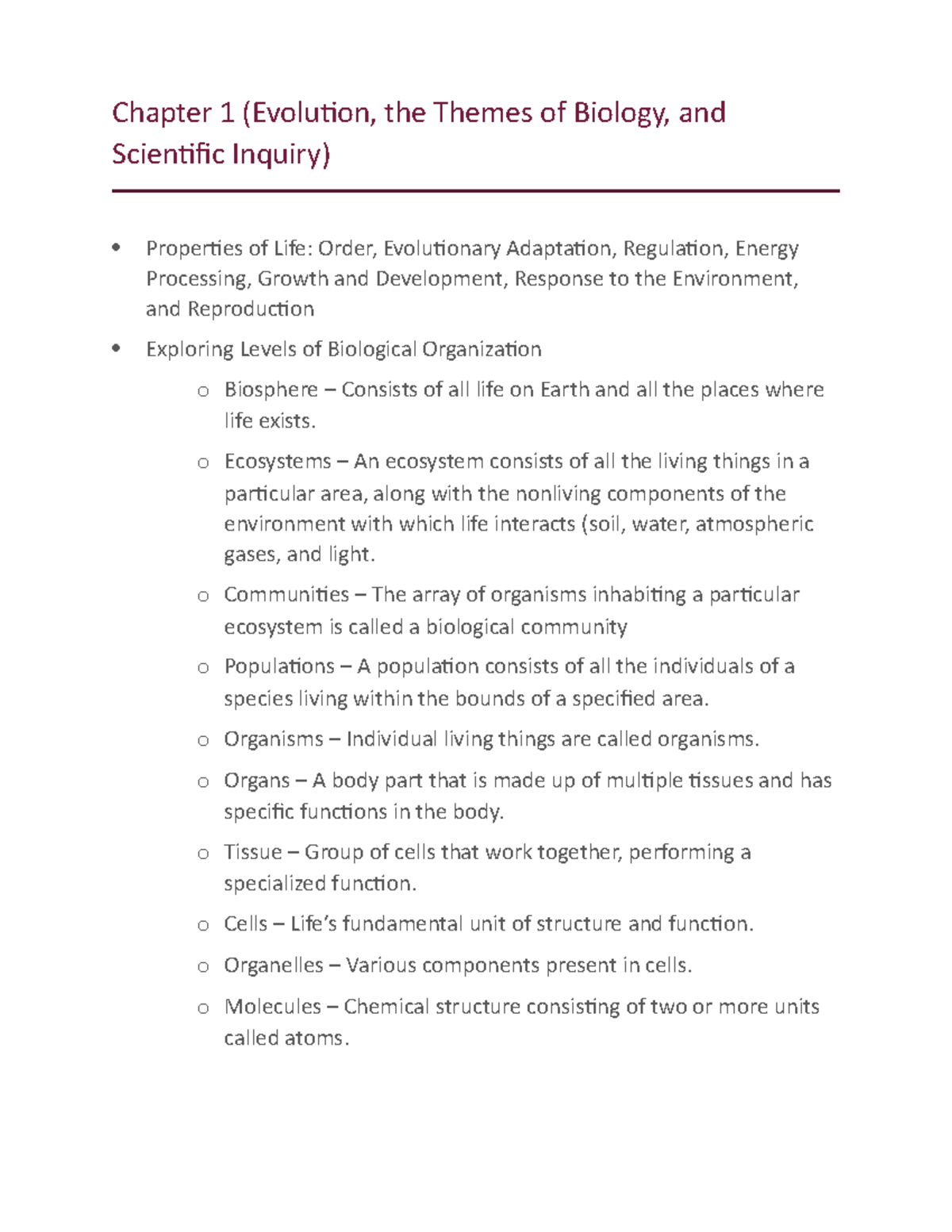Chapter 1 Book Notes - Chapter 1 (Evolution, the Themes of Biology, and ...